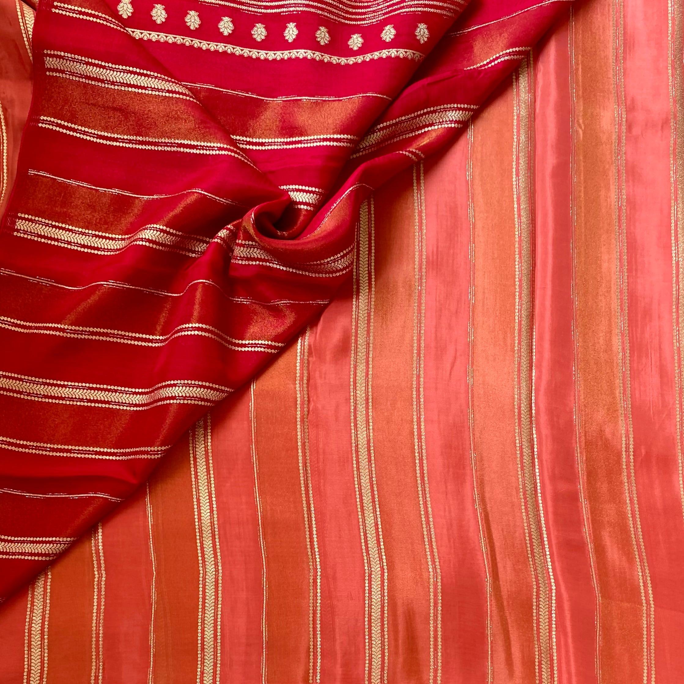 Coral Pink Striped Designer Soft blended silk with contrast red blouse
