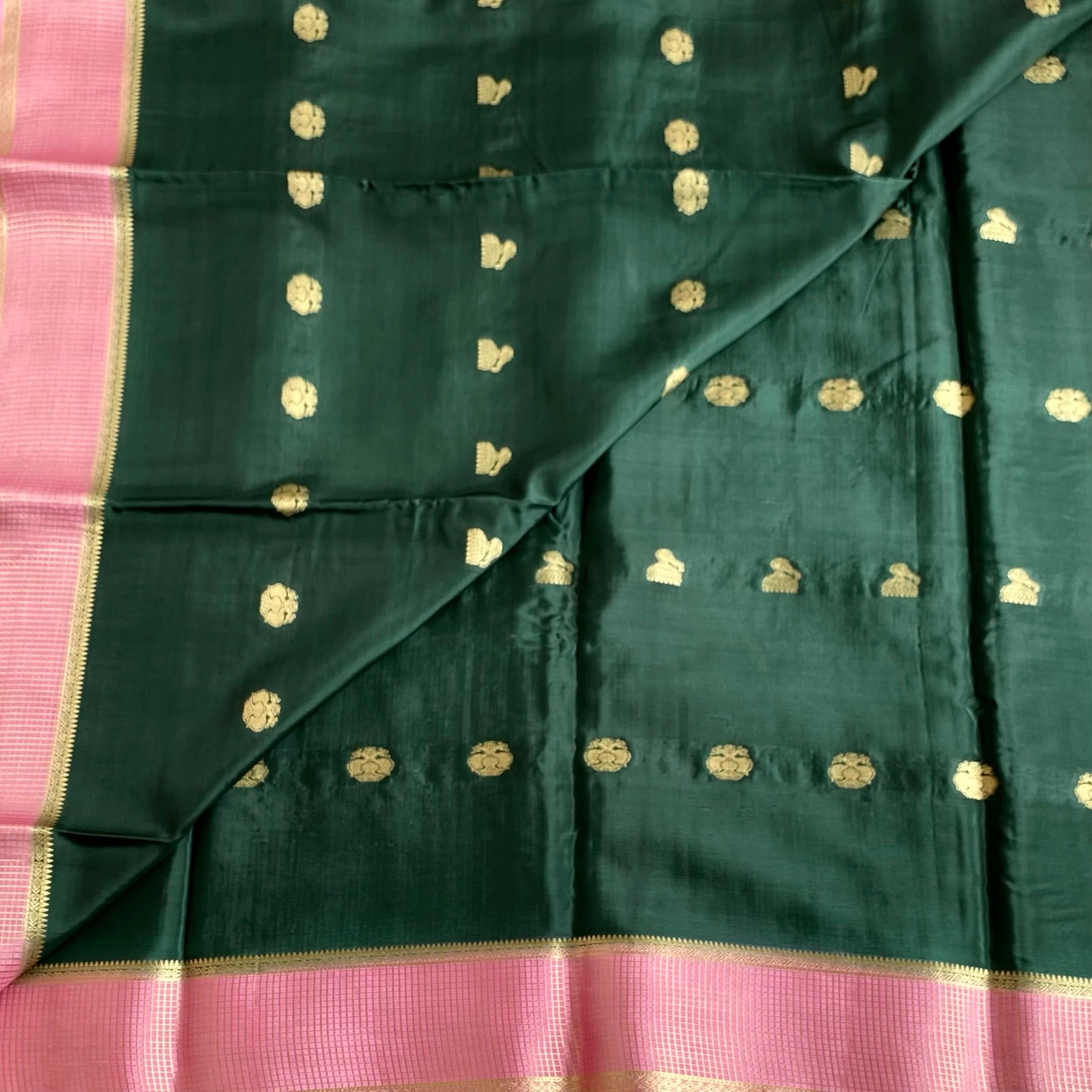 Bottle Green Soft Satin Crepe Silk Saree With Rose Pink Pallu