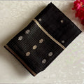 Jet Black Soft Tussar Silk Saree With Antique Gold Woven Pallu
