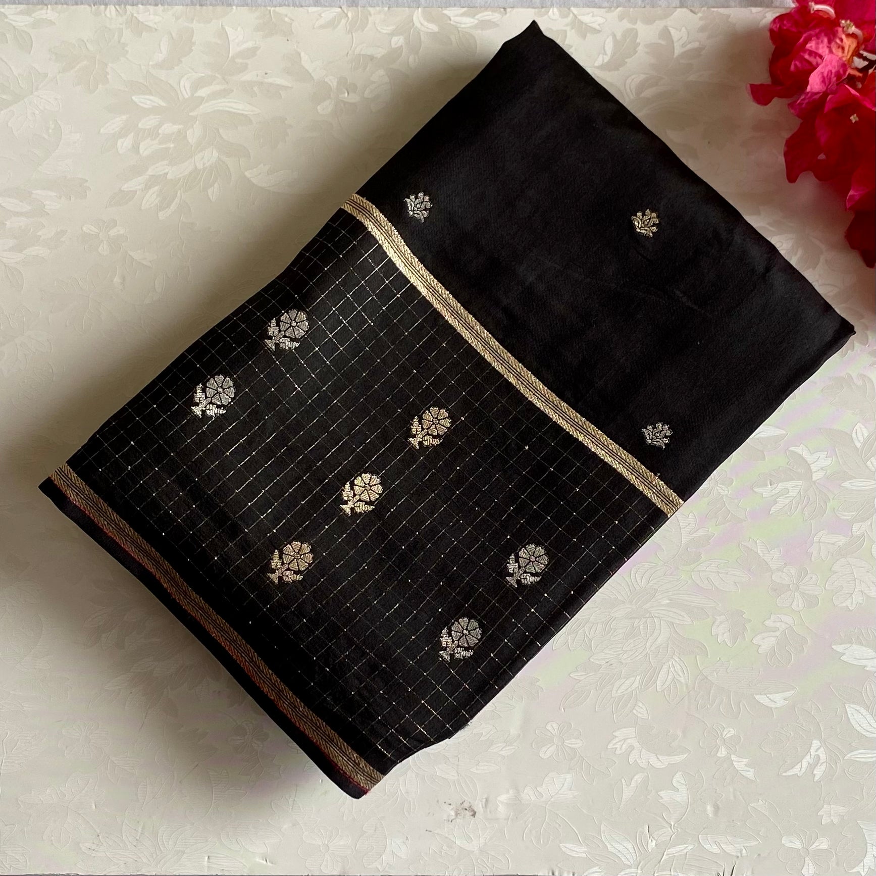 Jet Black Soft Tussar Silk Saree With Antique Gold Woven Pallu