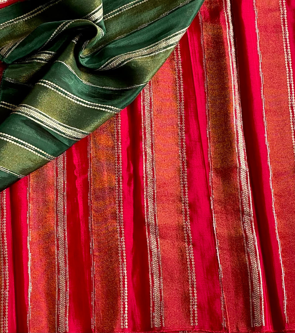 Red Gold Silk Saree With Green Border Festive Traditional Wear