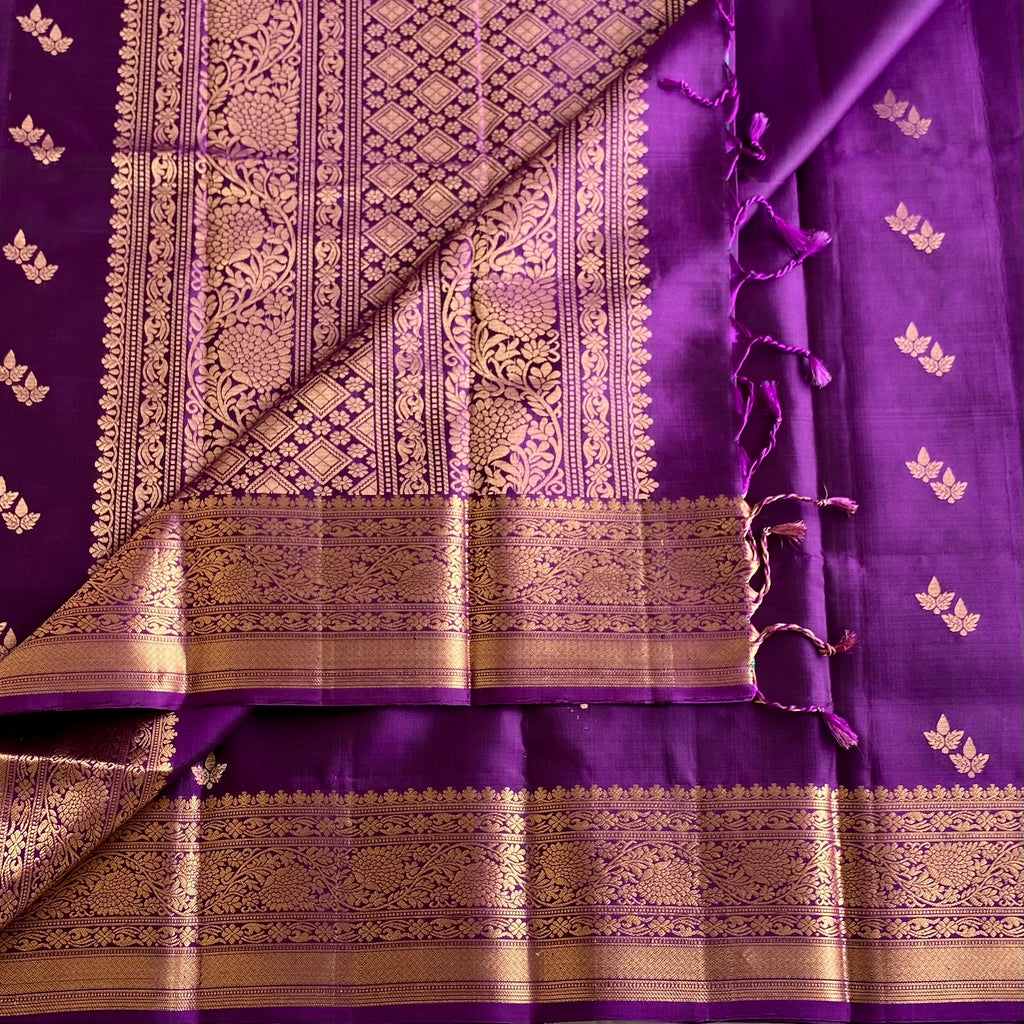 Eminence Purple Designer Pure Silk Saree With Rich Gold Zari Border
