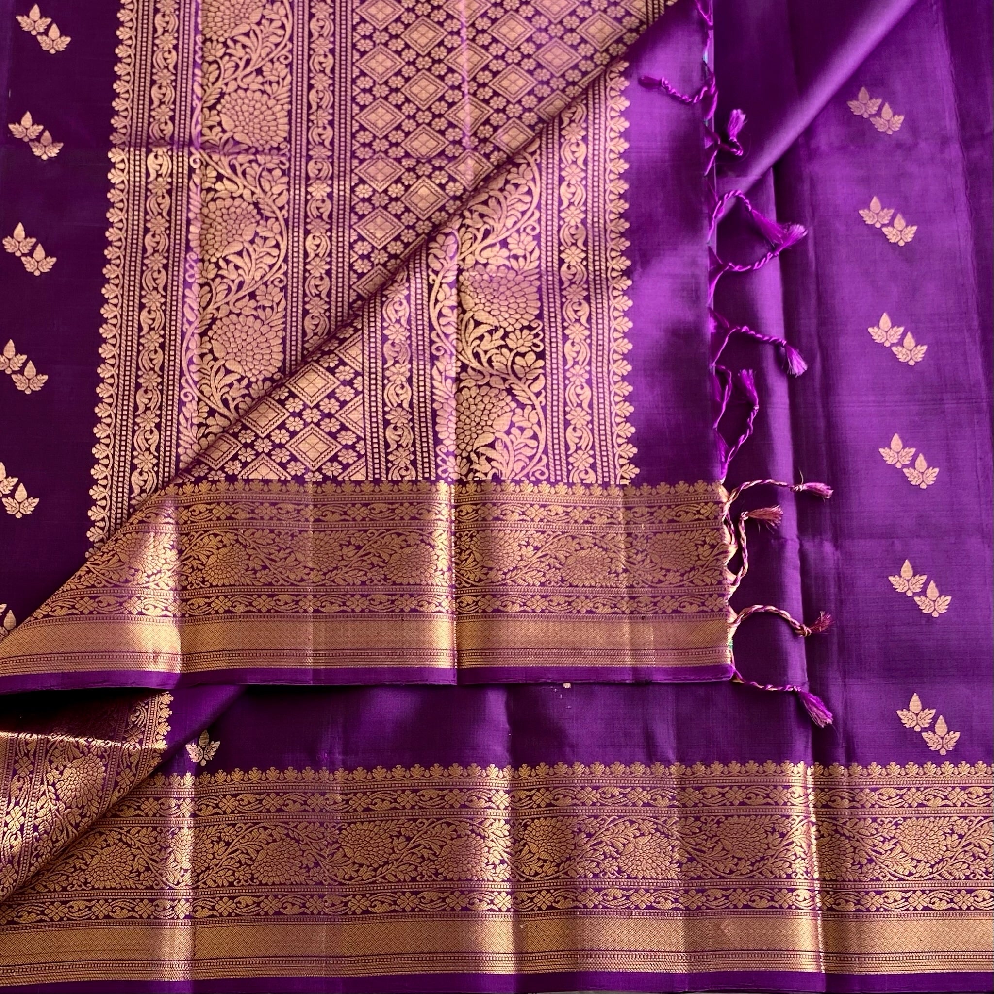 Eminence Purple Designer Pure Silk Saree With Rich Gold Zari Border