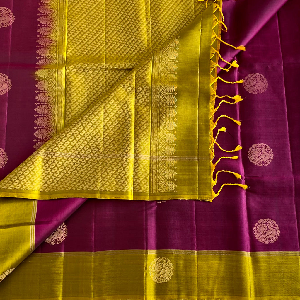 Raspberry Magenta With Lime Yellow Designer Handwoven Pure Silk