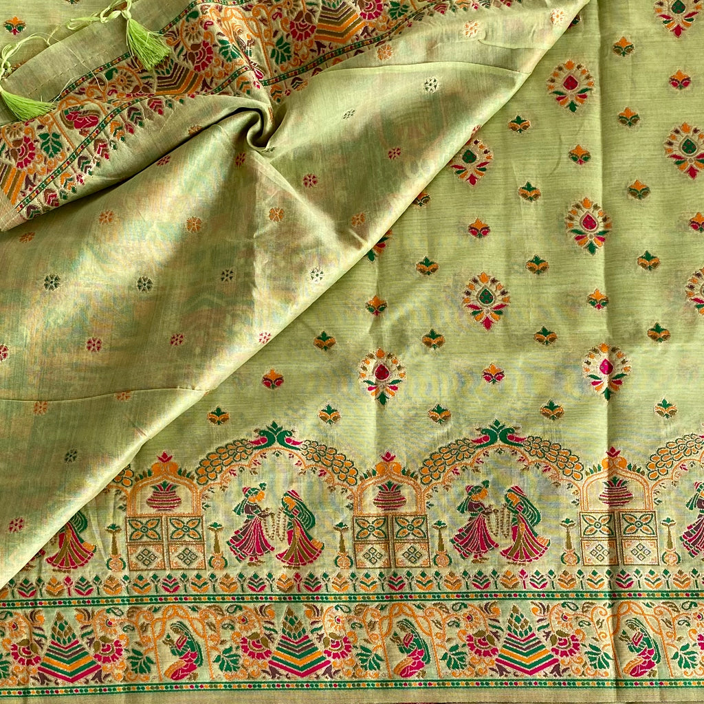 Pistachio Green Soft Tussar Silk Saree With Rani Pink Pallu