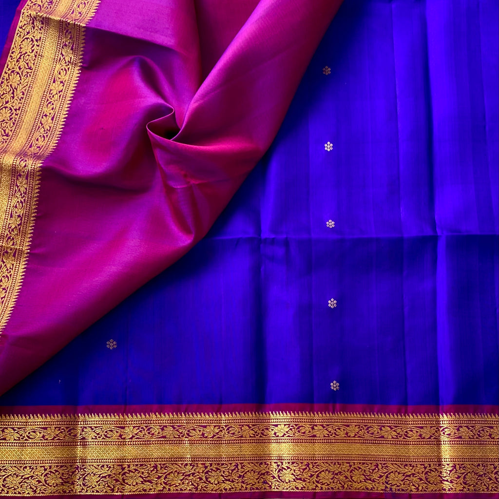 Cobalt Blue Silk Saree Fuchsia Pallu Gold Brocade Paisley Wedding