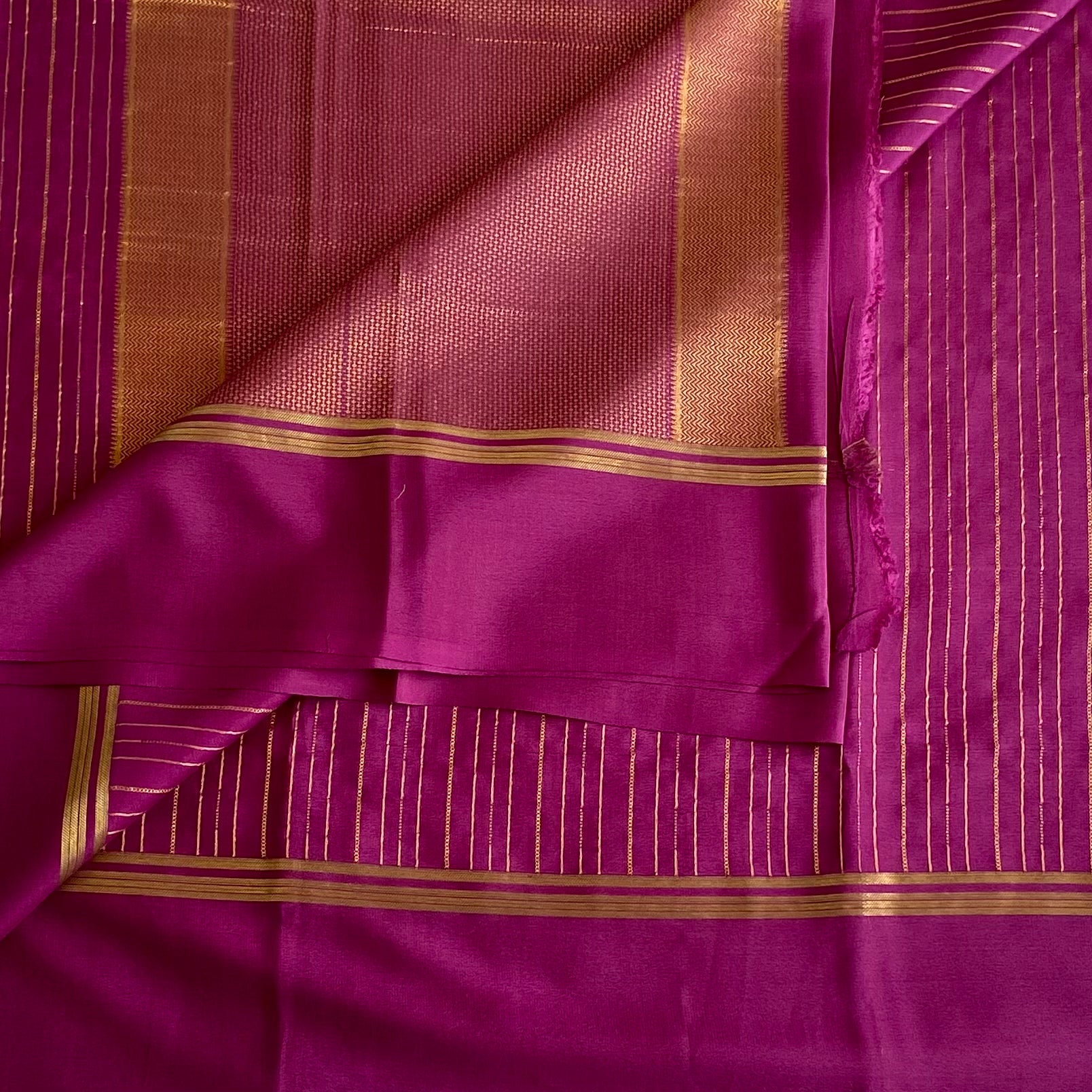Plum Purple Mysore Crepe Silk Saree With Antique Gold Stripes