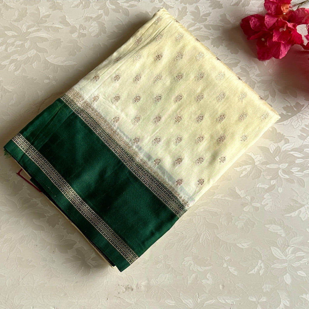 Ivory Green Banarasi Silk Saree Gold Zari Pallu Elegant Traditional