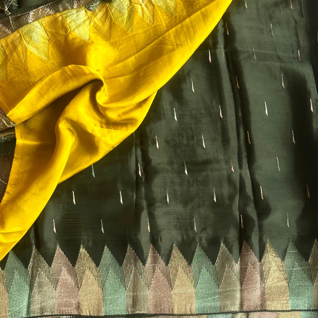 Olive Green soft satin crepe with designer borders n pallu
