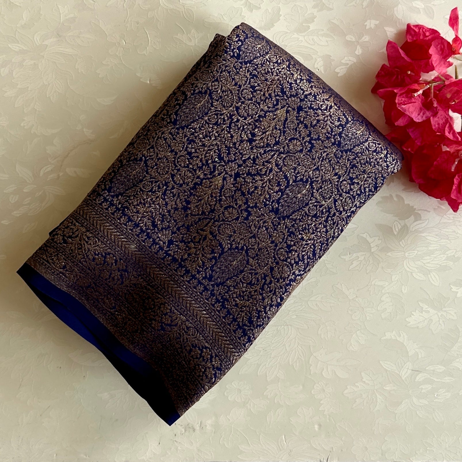 Royal Blue Brocade Saree Antique Gold Paisley Panels Rich Floral Border
