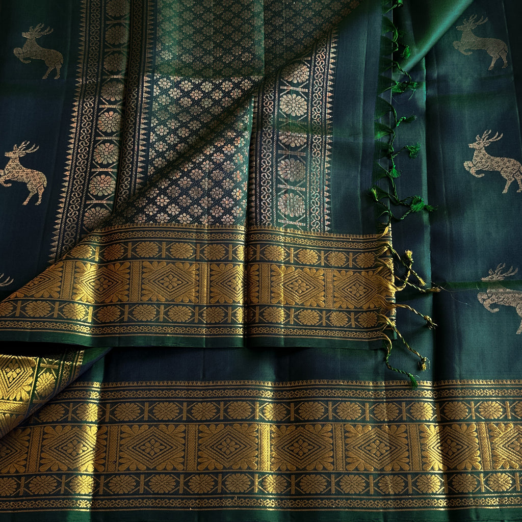 Peacock Teal Elegant Saree Gold Brocade Border Deer Motif Pallu