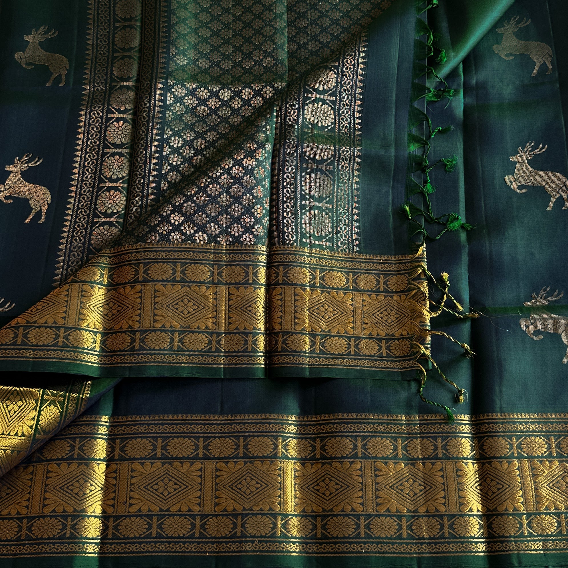 Peacock Teal Elegant Saree Gold Brocade Border Deer Motif Pallu