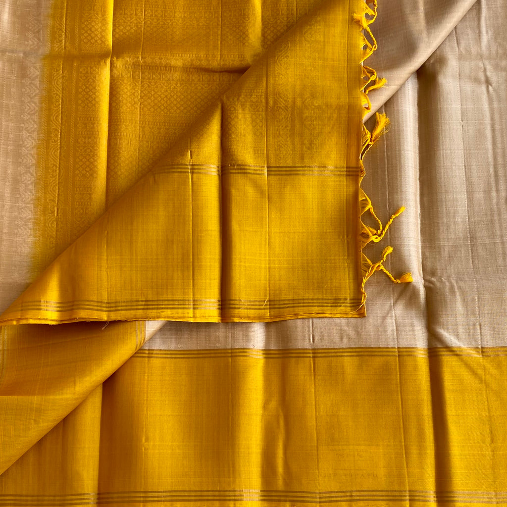 Champagne Beige &  Mustard Yellow Designer Pure Silk Saree