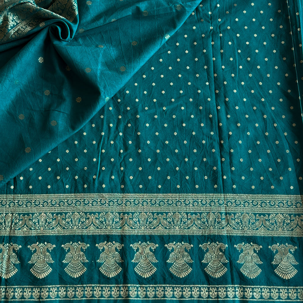 Teal Brocade Zari Saree Paisley Pallu Dotted Buti Traditional Wedding