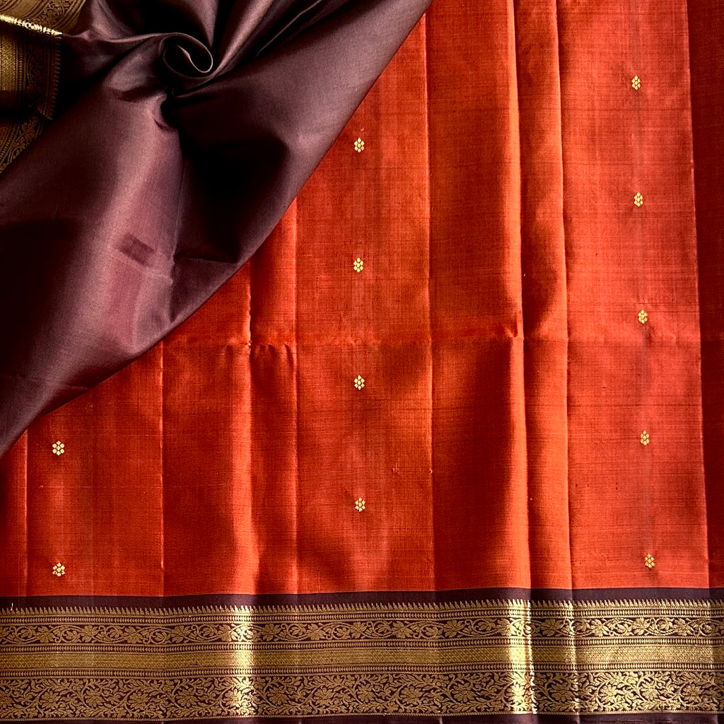 Rust Red Silk Saree with Purple Zari Pallu and Border