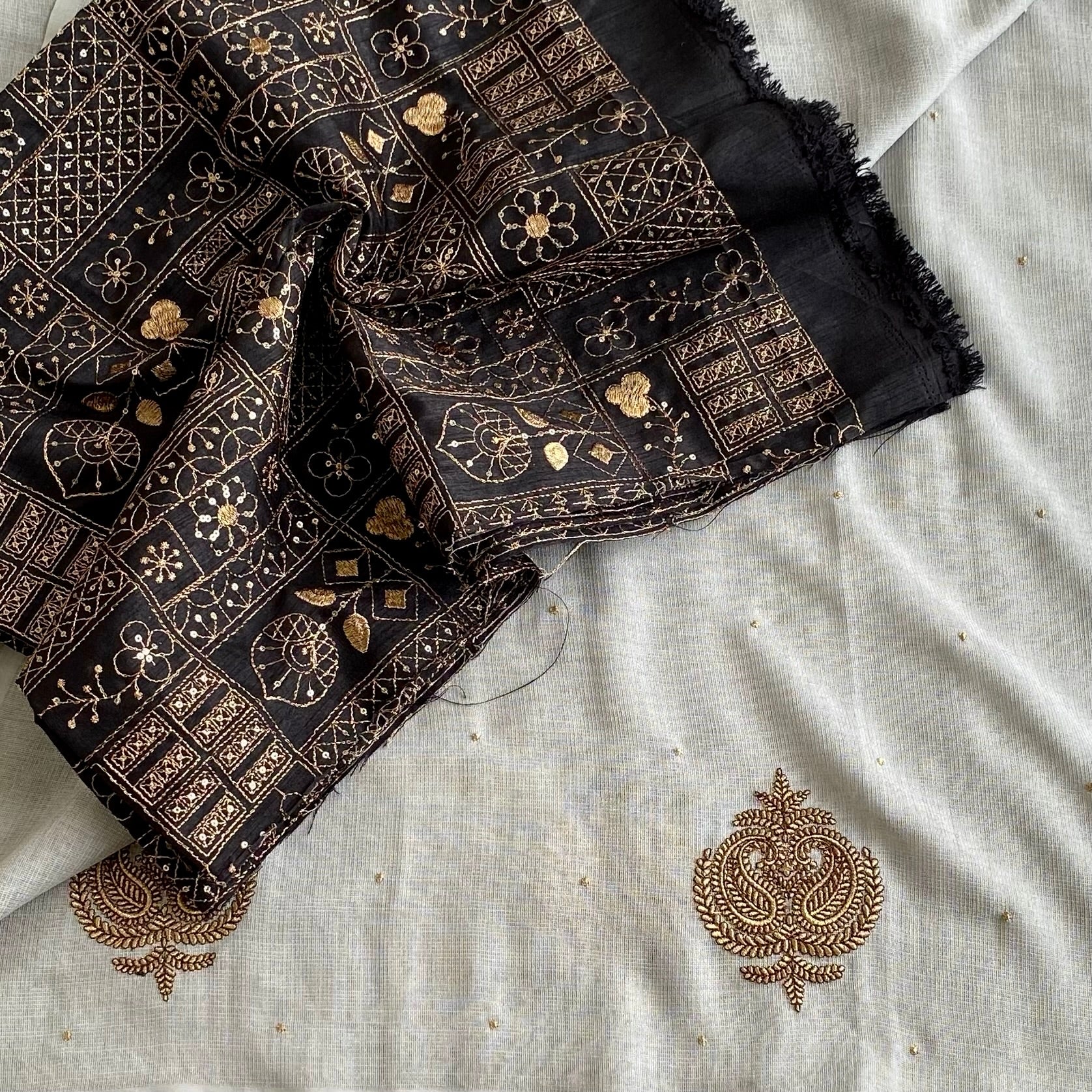 Soft Tinted grey jute Tussar Saree With Antique Black Gold Embroidery Blouse