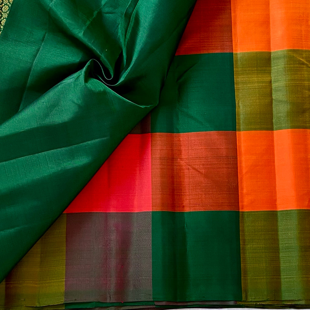 Vibrant checkered Kanjeevaram Pure Zari Silk Saree With bottle green Pallu
