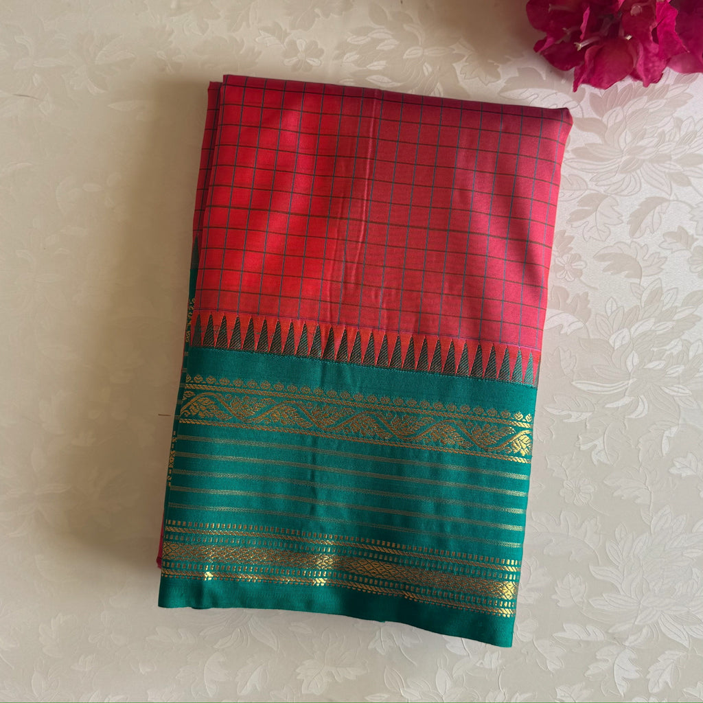 Emerald Green Silk Saree Coral Pink Checked Blouse Gold Zari