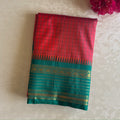 Emerald Green Silk Saree Coral Pink Checked Blouse Gold Zari