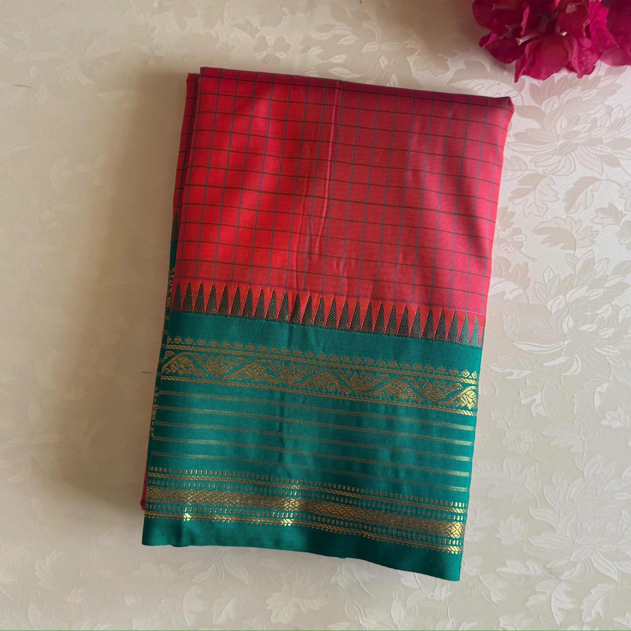 Emerald Green Silk Saree Coral Pink Checked Blouse Gold Zari