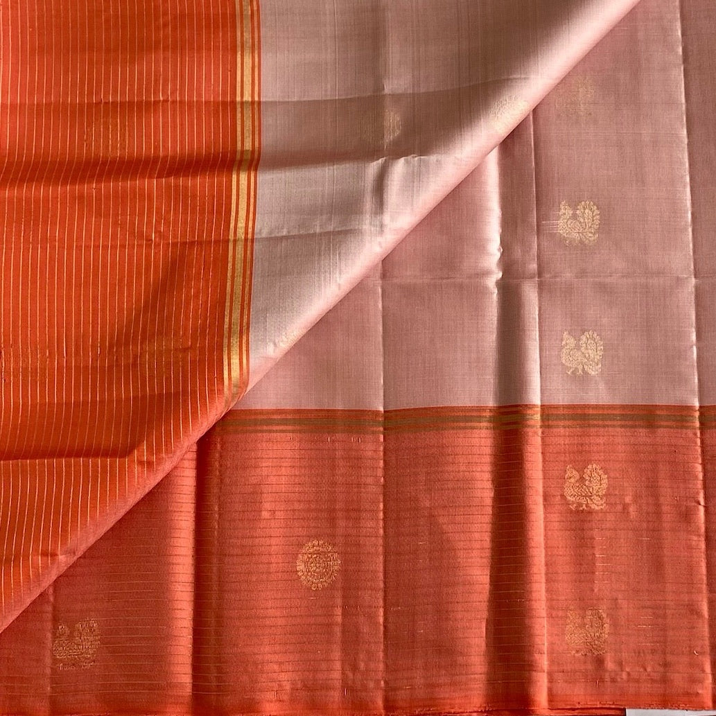 Burnt Orange Designer Pure Silk Saree With Dusty Rose Contrast
