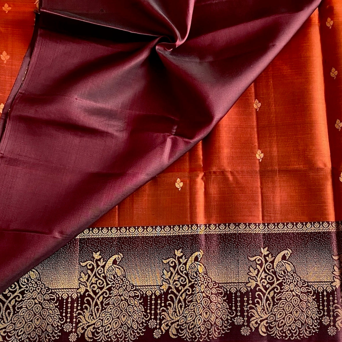 Burnt Orange Designer Pure Silk Saree With Deep Maroon Pallu