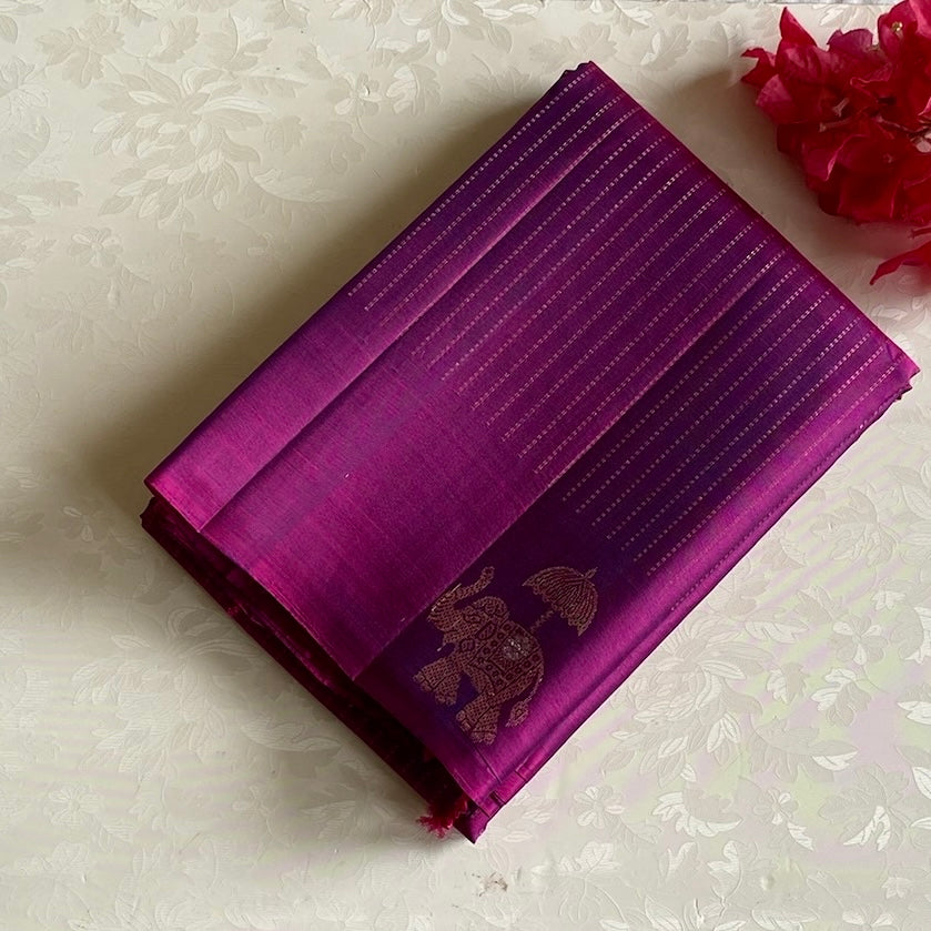 Dual Shaded Magenta Designer Pure Silk Saree With Metallic Gold Pallu