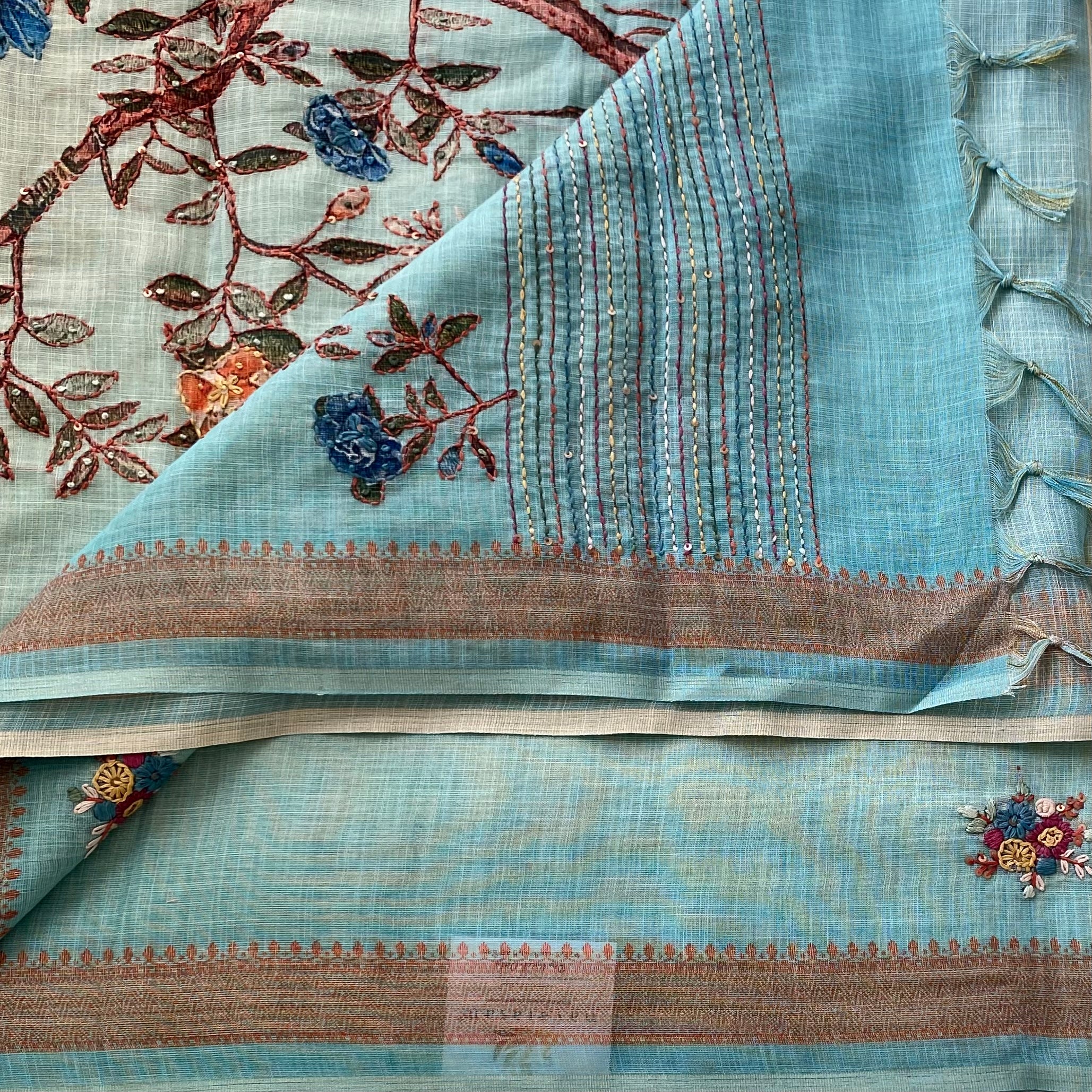 Seafoam Green Embroidered Saree with Copper Border Lightweight Floral Motif