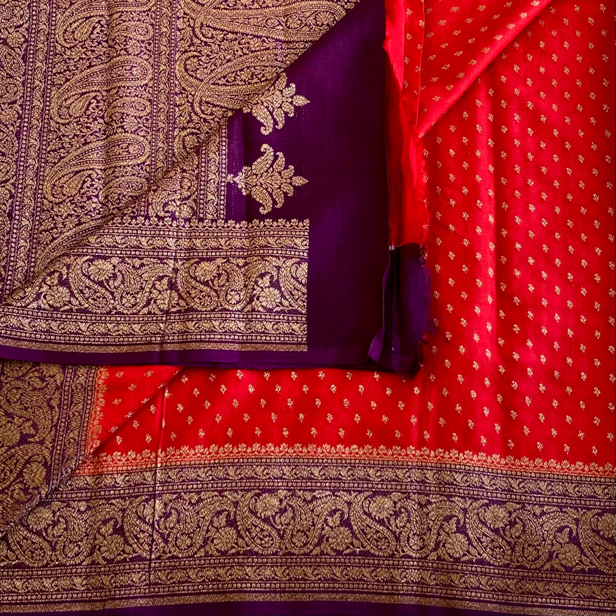 Scarlet Red Banarasi Crepe Silk Saree With Royal Purple Pallu