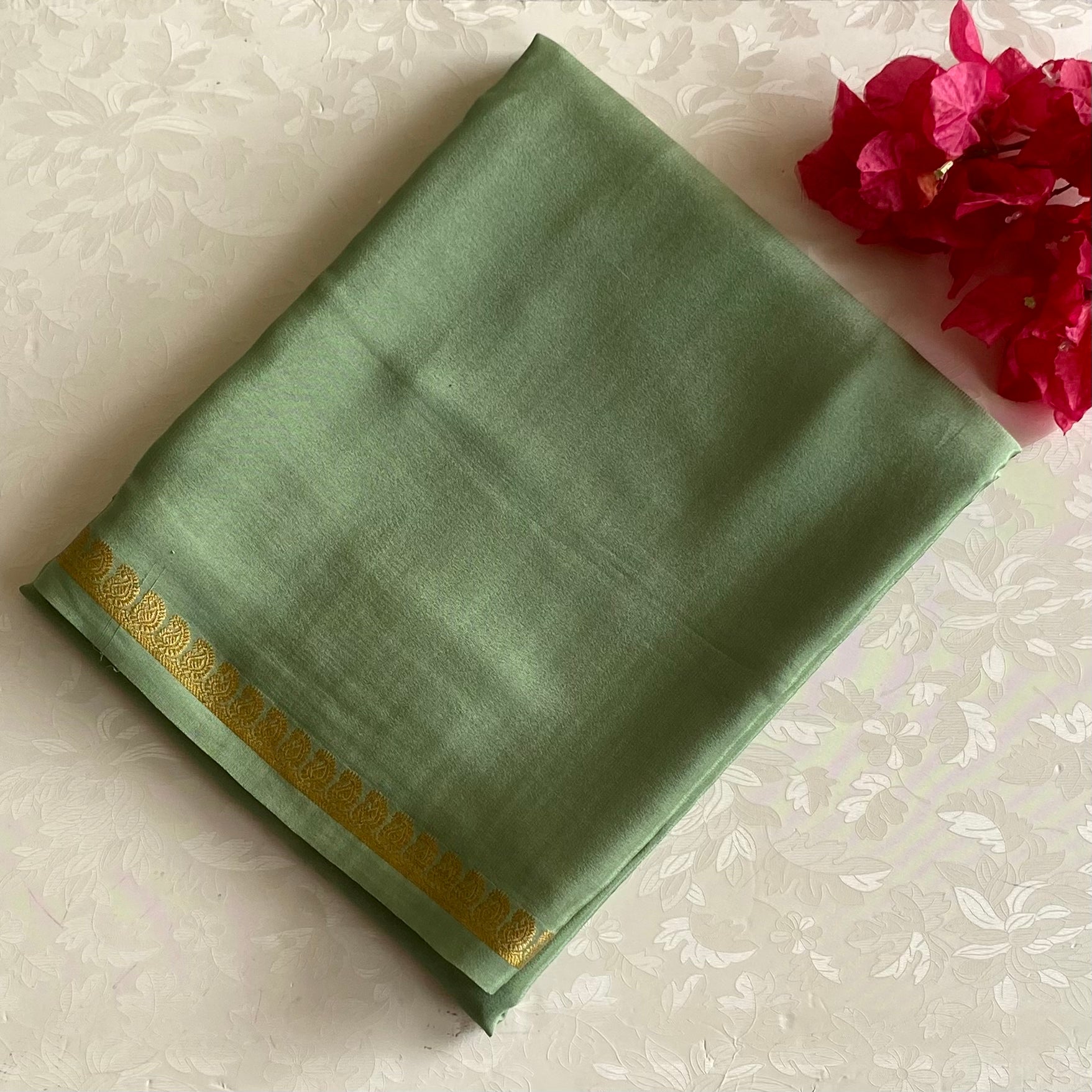 Sage Green Mysore Crepe Silk Saree With Metallic Gold Stripes
