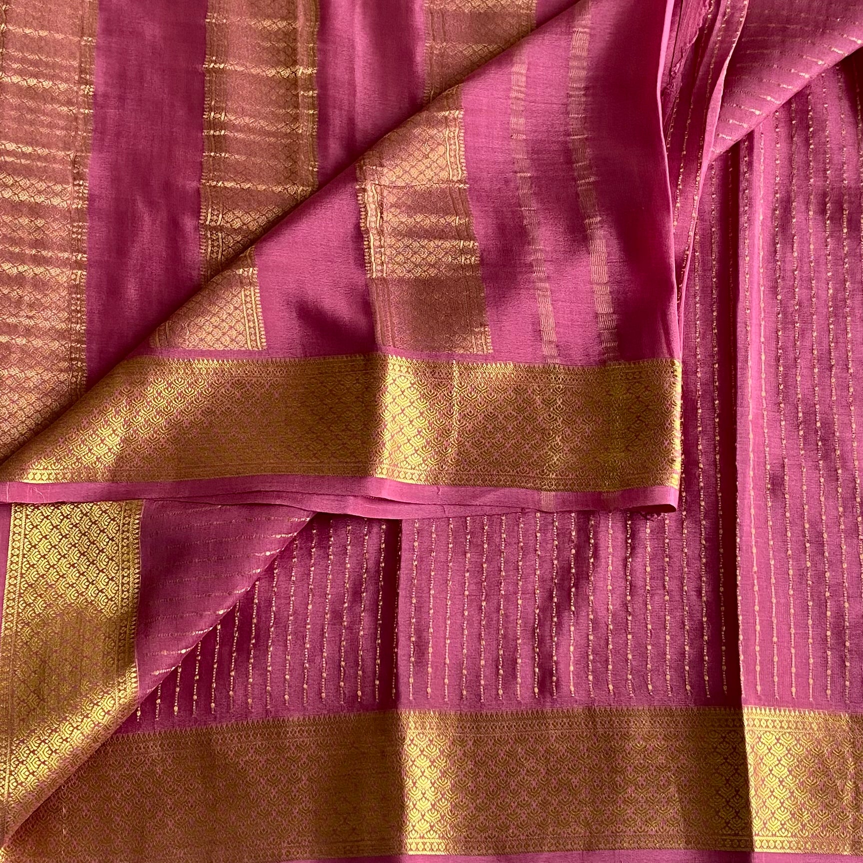 Onion Pink Mysore Crepe Silk Saree With Metallic Gold Border