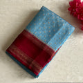 Rare Sky Blue Banarasi Crepe Silk Saree With Deep Maroon Panels