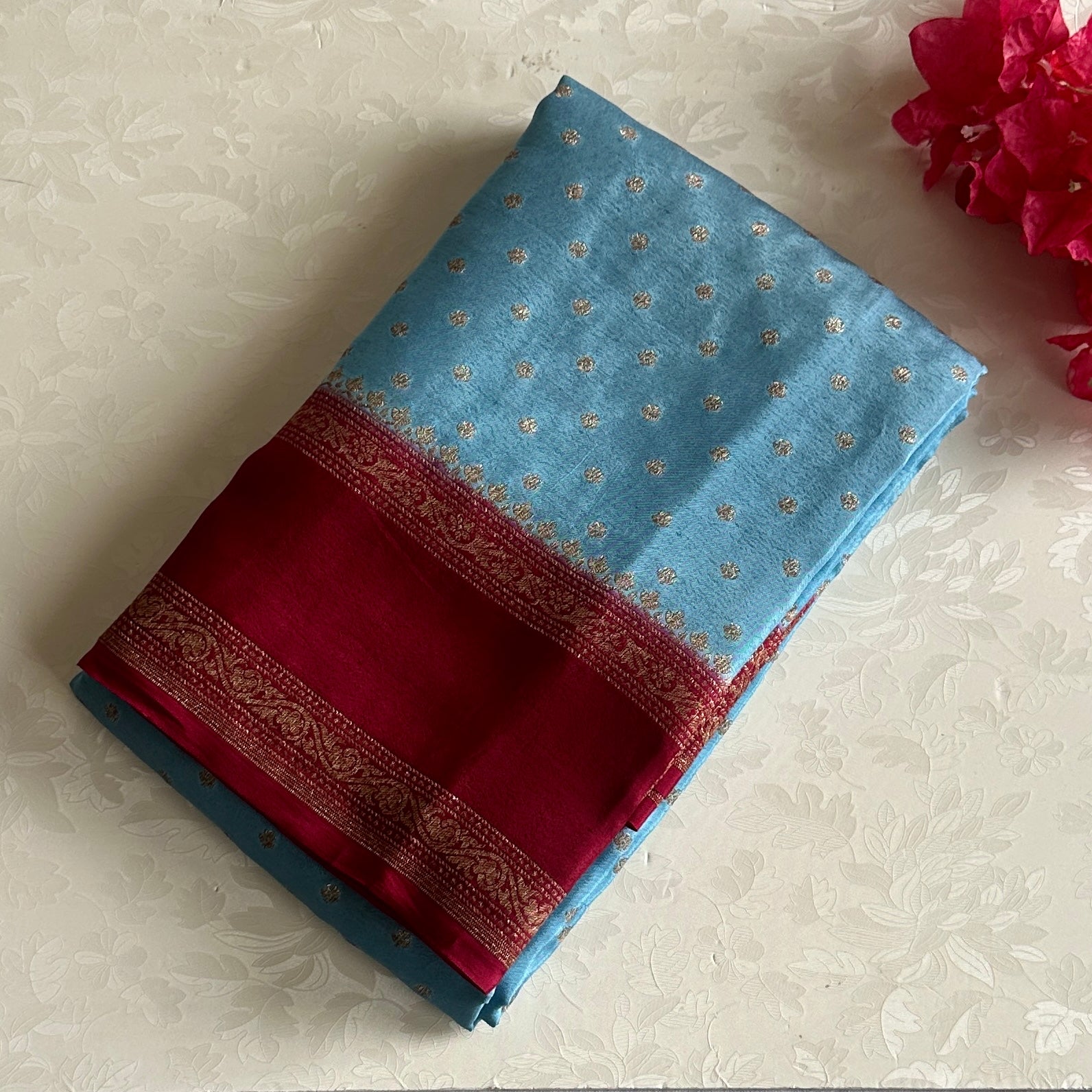 Rare Sky Blue Banarasi Crepe Silk Saree With Deep Maroon Panels