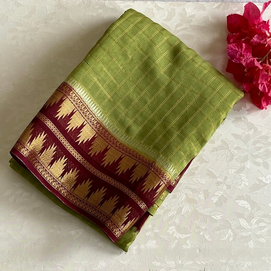 Chartreuse Green Soft Tussar Silk Saree Deep Maroon Pallu Gold Zari