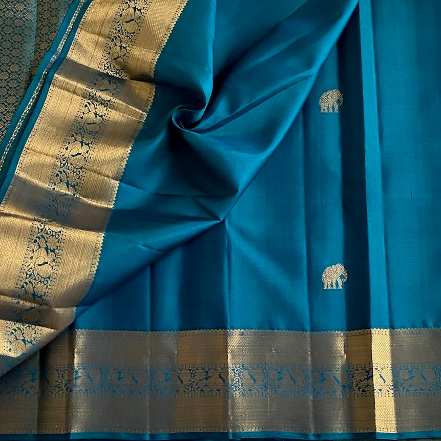 Teal Blue Kanjeevaram Pure Zari Silk Saree With Antique Gold Brocade