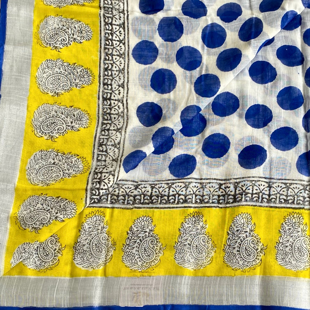 Lemon Yellow Block Printed Soft Linen Silver Borders Saree Royal Blue buttas Silver Border