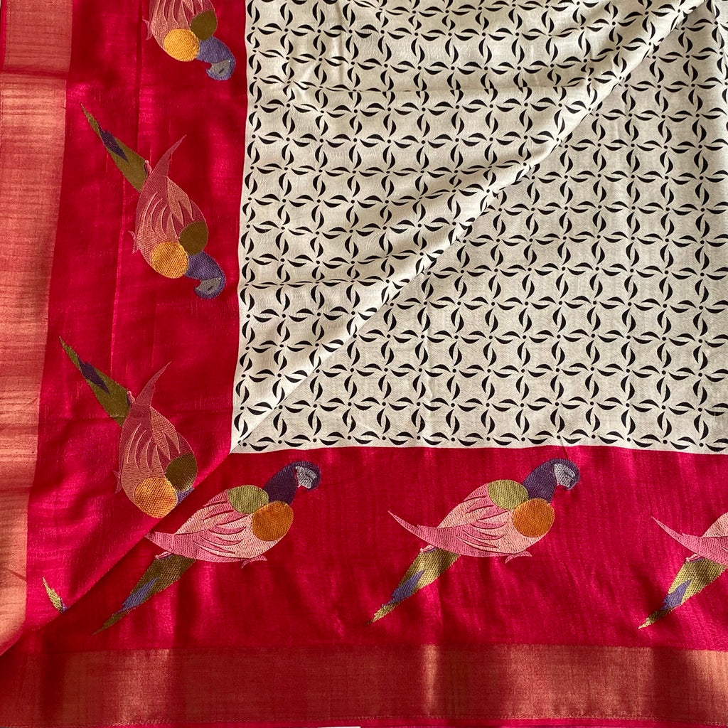 Ivory Printed Softest Tussar with Cherry Embroidered Borders