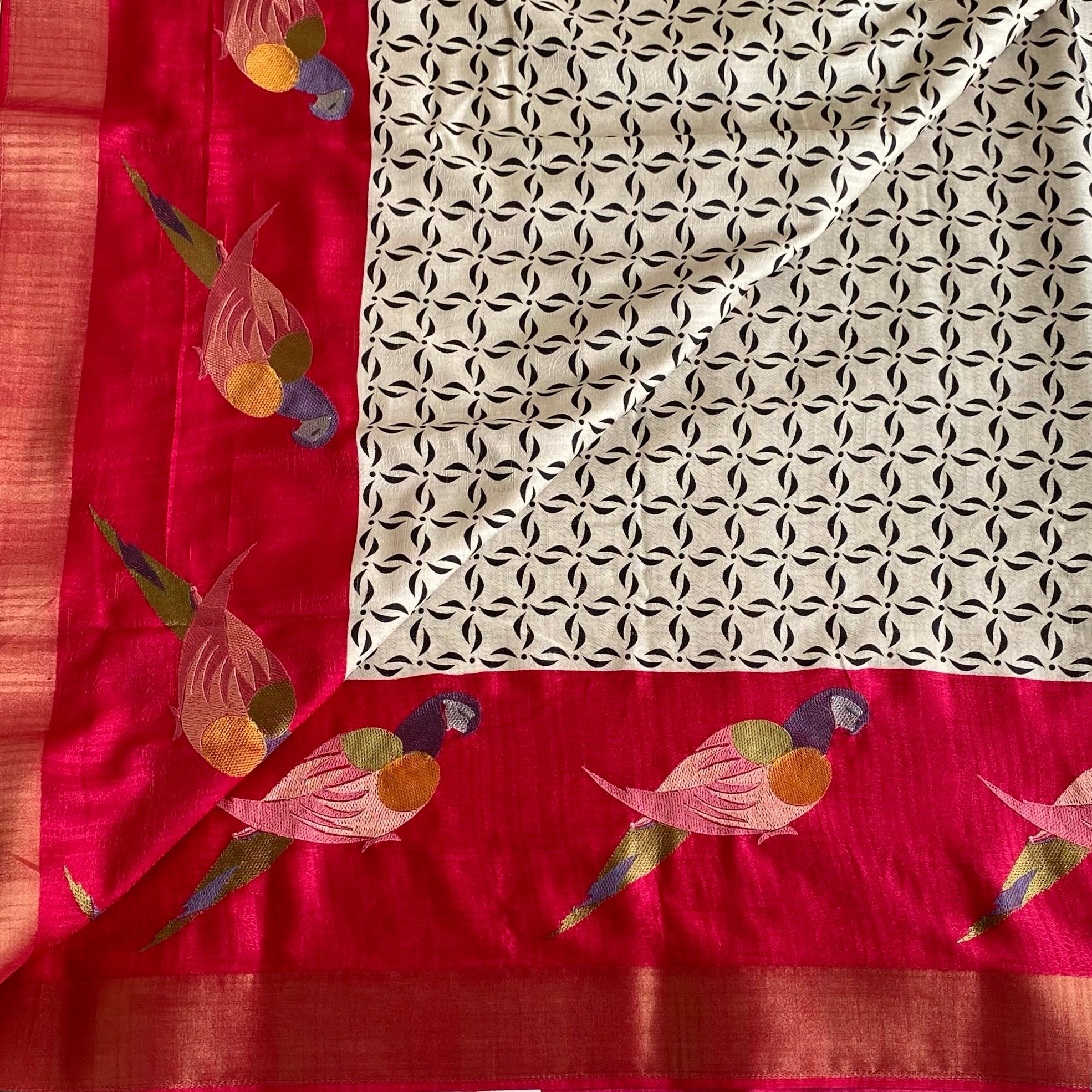 Ivory Printed Softest Tussar with Cherry Embroidered Borders