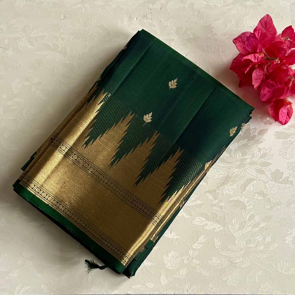 Emerald Green Gold Brocade Saree With Wide Zari Border