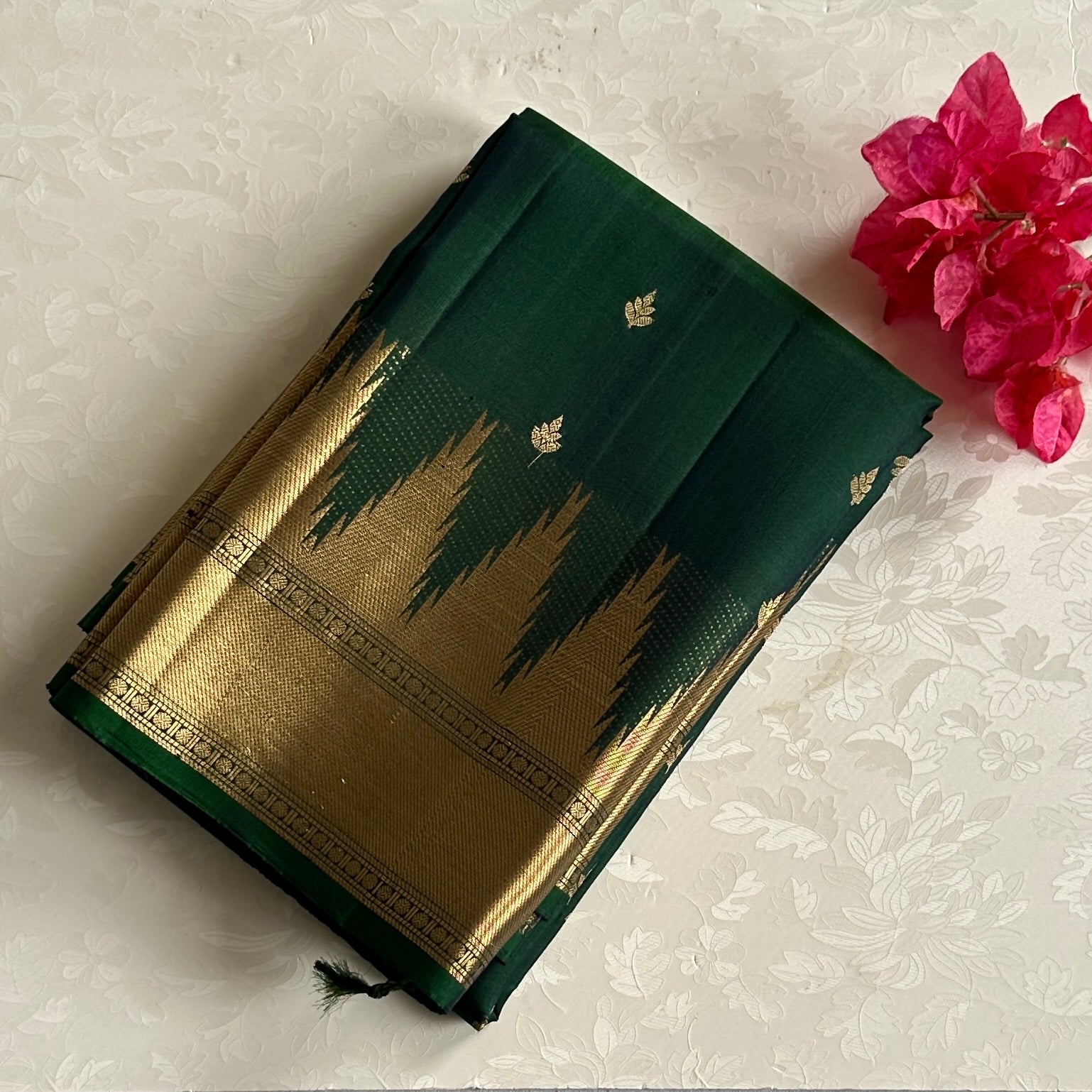 Emerald Green Gold Brocade Saree With Wide Zari Border