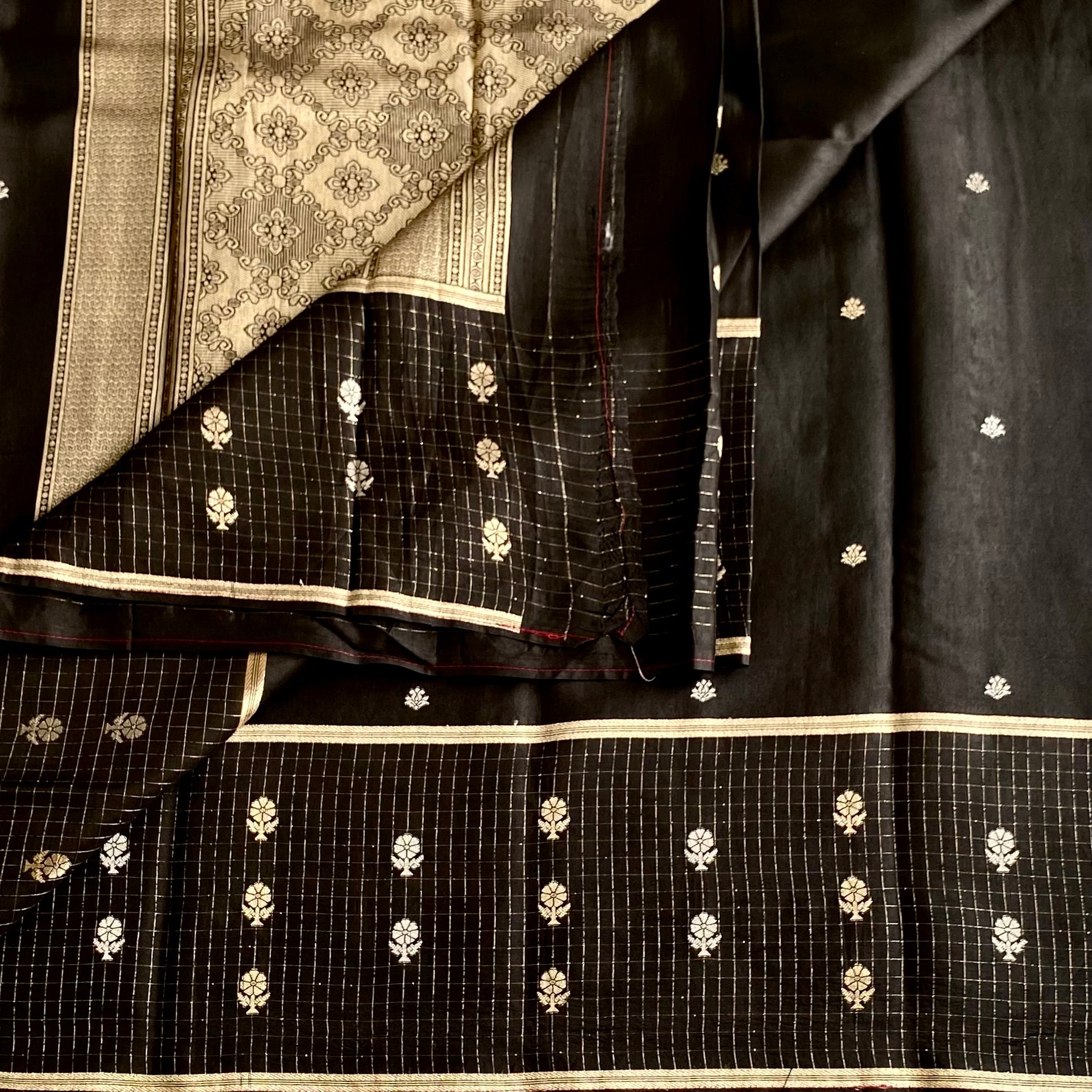 Jet Black Soft Tussar Silk Saree With Antique Gold Woven Pallu