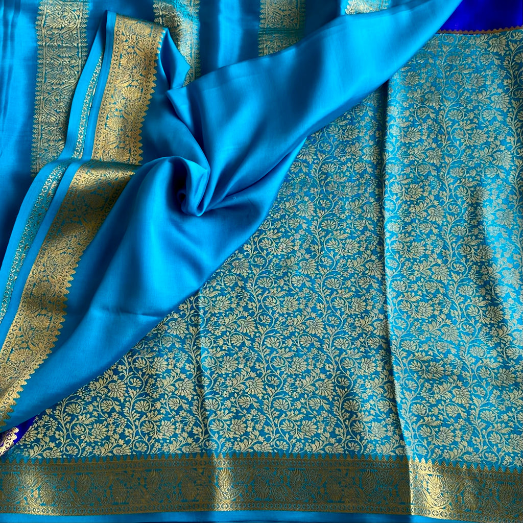Royal Blue with Turquoise Half n Half Mysore Crepe Silk Saree With Metallic Gold Details