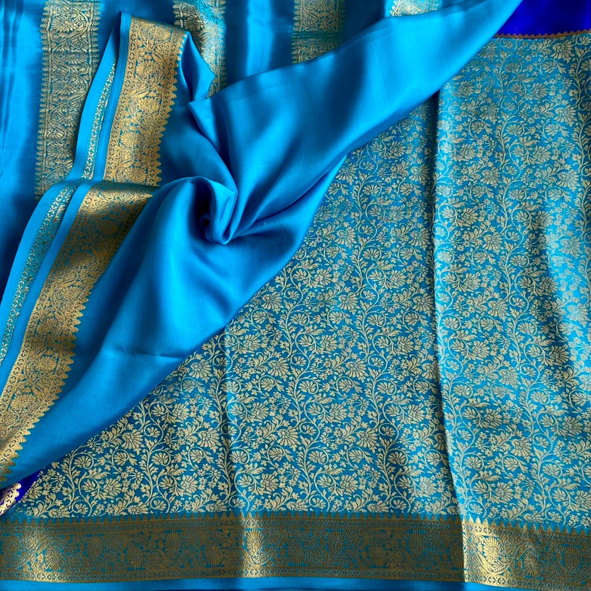 Royal Blue with Turquoise Half n Half Mysore Crepe Silk Saree With Metallic Gold Details
