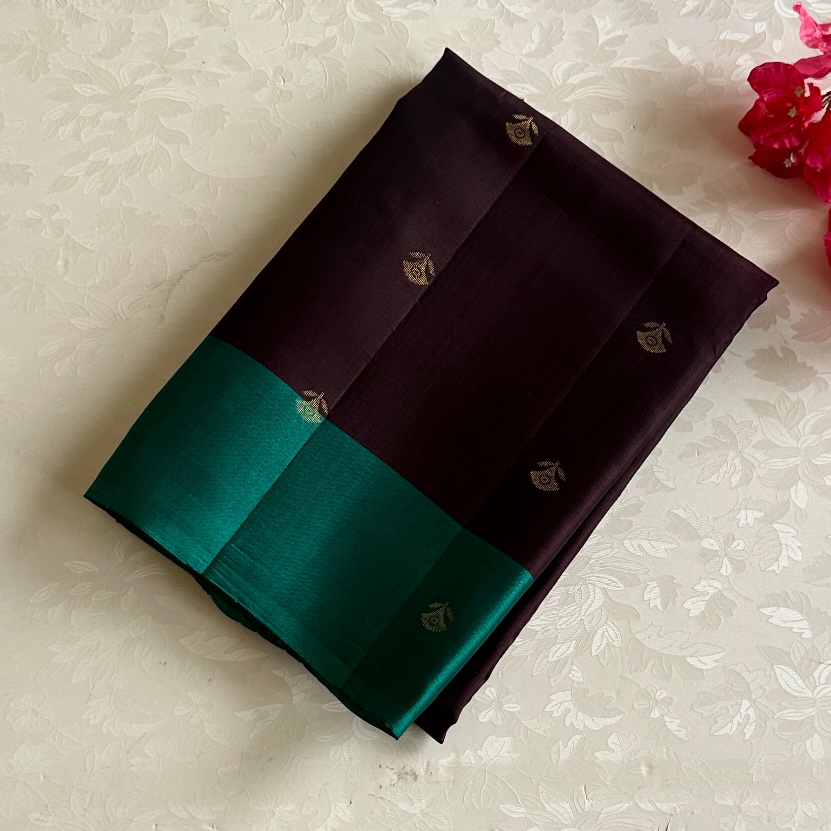 Wine Brown Designer Pure Silk With Teal Green Zari Border