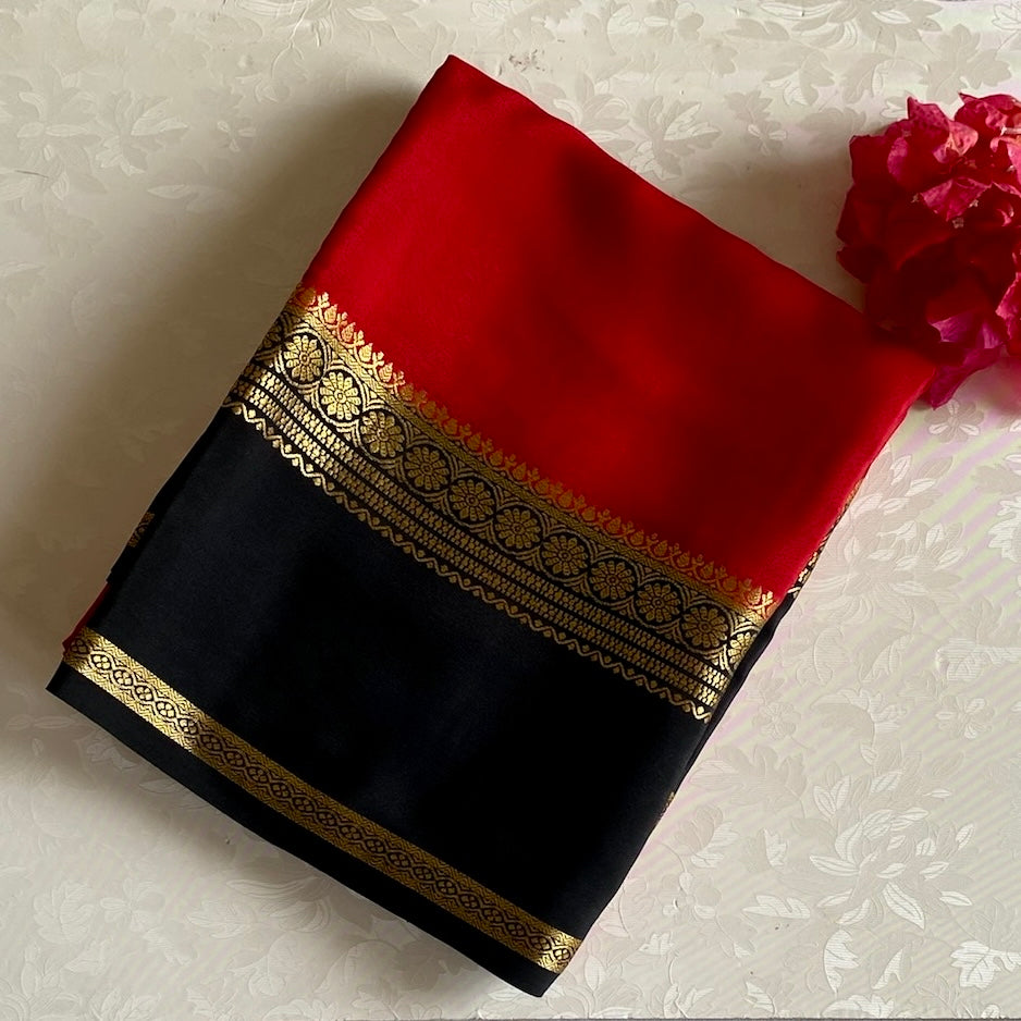 Scarlet Red Mysore Crepe Silk Saree With Jet Black Border