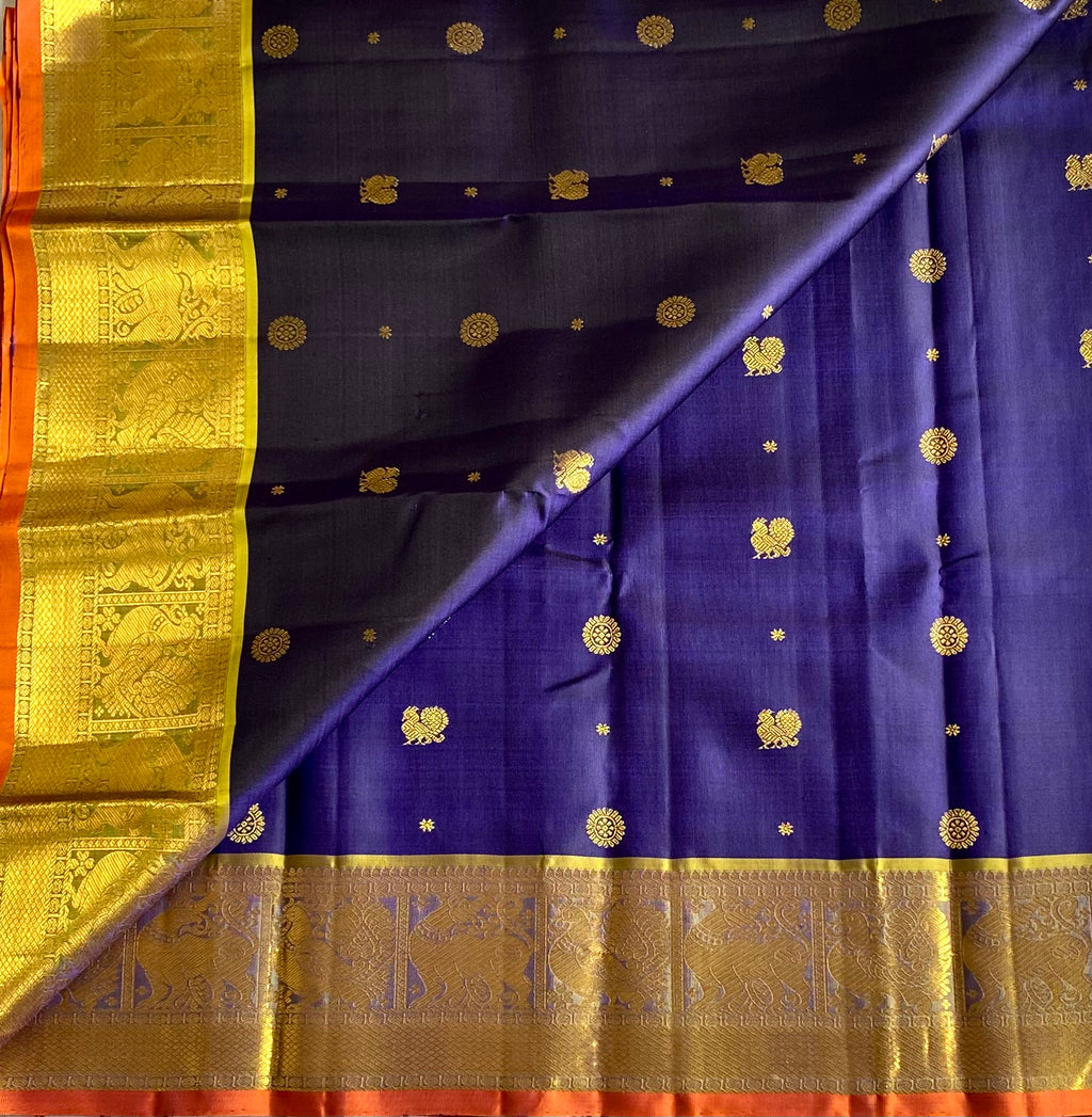 Midnight navy with Royal Gold handwoven Pure Kanjeevaram silk with Pure Zari