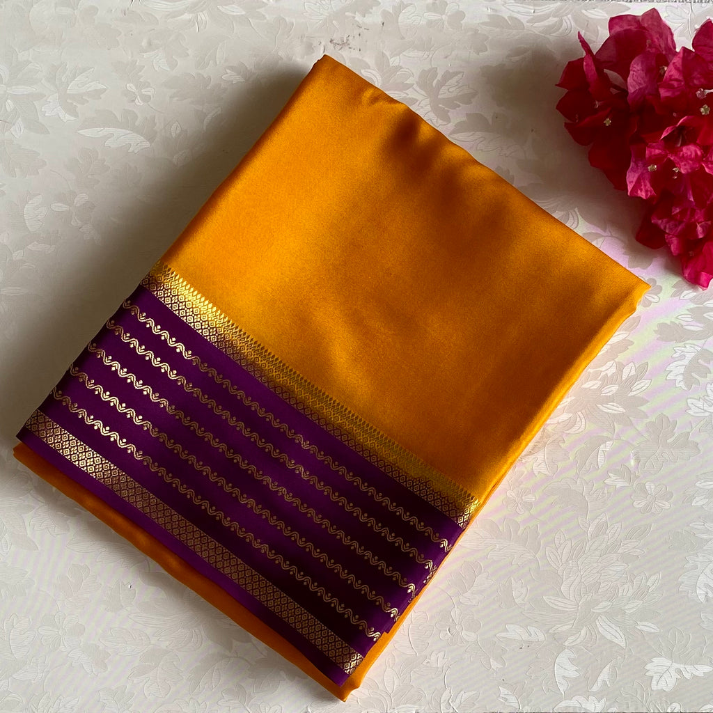Marigold Yellow Mysore Crepe Silk Saree With Royal Purple Border