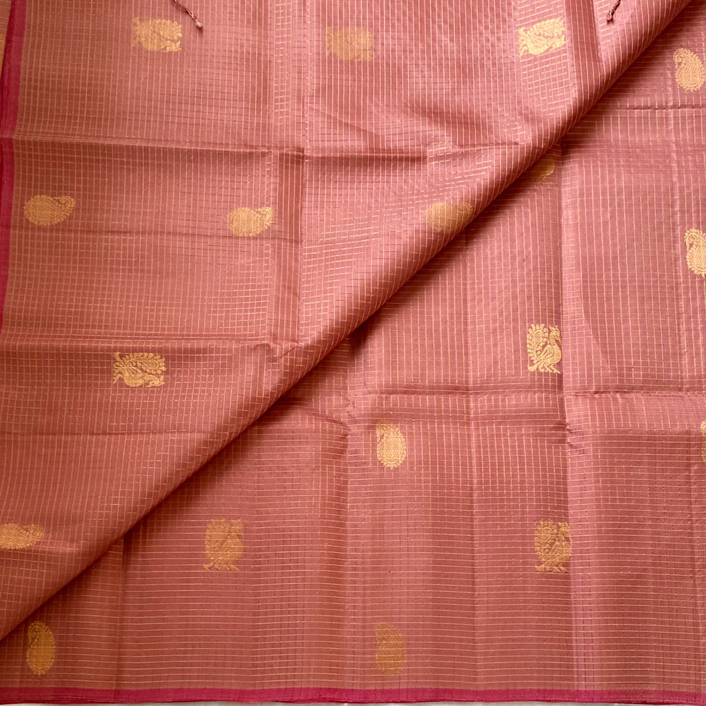 Dusty Rose Woven Saree With Gold Buttas Narrow Magenta Border