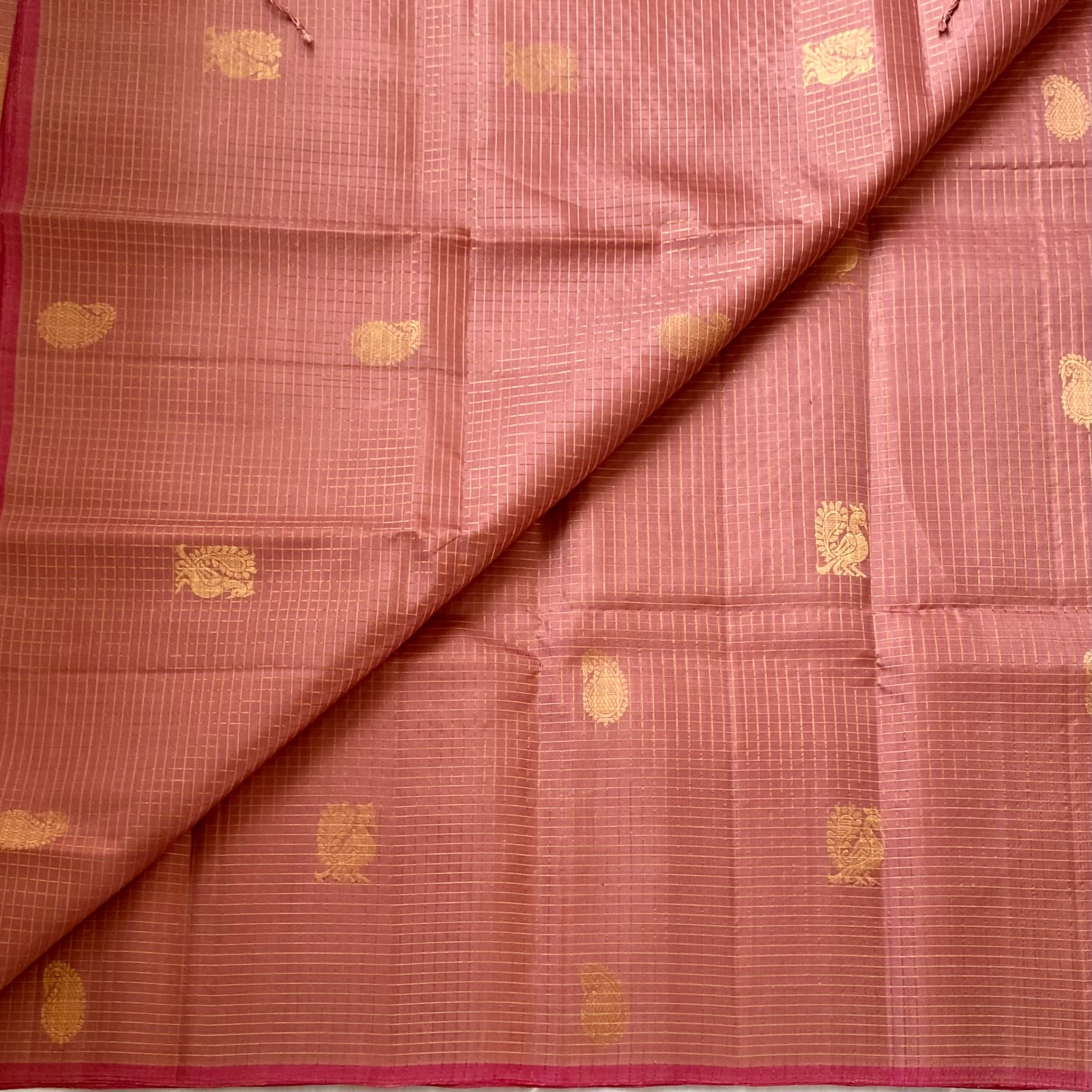 Dusty Rose Woven Saree With Gold Buttas Narrow Magenta Border