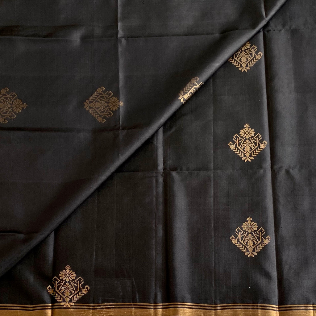 Jet Black Designer Pure Silk Saree With Antique Gold Border And Buta